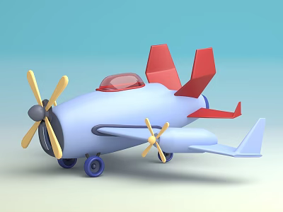 Colorful Toy Passenger Plane With Blue Body Red Tail Yellow Propellers And Purple Wheels 3d model