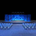 Tech Inspired Stage Setup With Blue Screens Lighting And Arranged Chairs Design 3d model