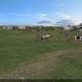 Picturesque Vast Peaceful Grassland Landscape With Mongolian Yurts Grazing Livestock Under Bright Blue Sky