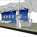 Modern Public Lounge Space With Wavy Roof Blue Striped Wall And Wooden Tables