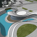 Modern Architectural Structure With Curved Roof Glass Curtain Wall And Water Pool Walkway