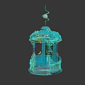 Futuristic Blue Teleportation Booth With Neon Lights Spiral Antenna And Control Screen