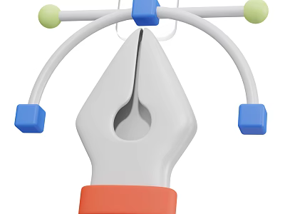3D Designed Fountain Pen With White Curved Arms Blue Cubes Green Spheres And Orange Grip 3d model