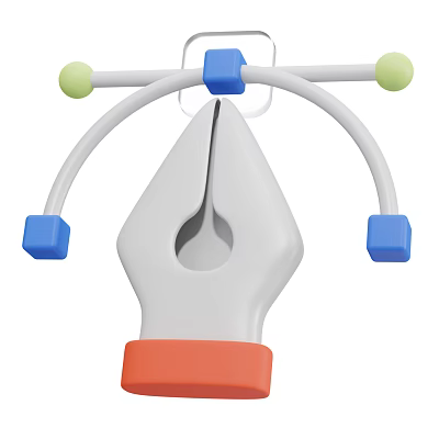 3D Designed Fountain Pen With White Curved Arms Blue Cubes Green Spheres And Orange Grip 3d model