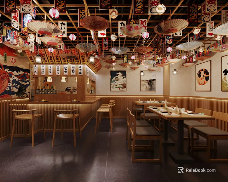 Traditional Japanese Restaurant Interior With Wooden Furniture And Hanging Lanterns 3d model 