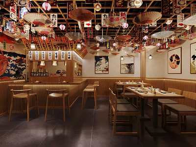 Traditional Japanese Restaurant Interior With Wooden Furniture And Hanging Lanterns 3d model