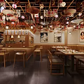 Traditional Japanese Restaurant Interior With Wooden Furniture And Hanging Lanterns