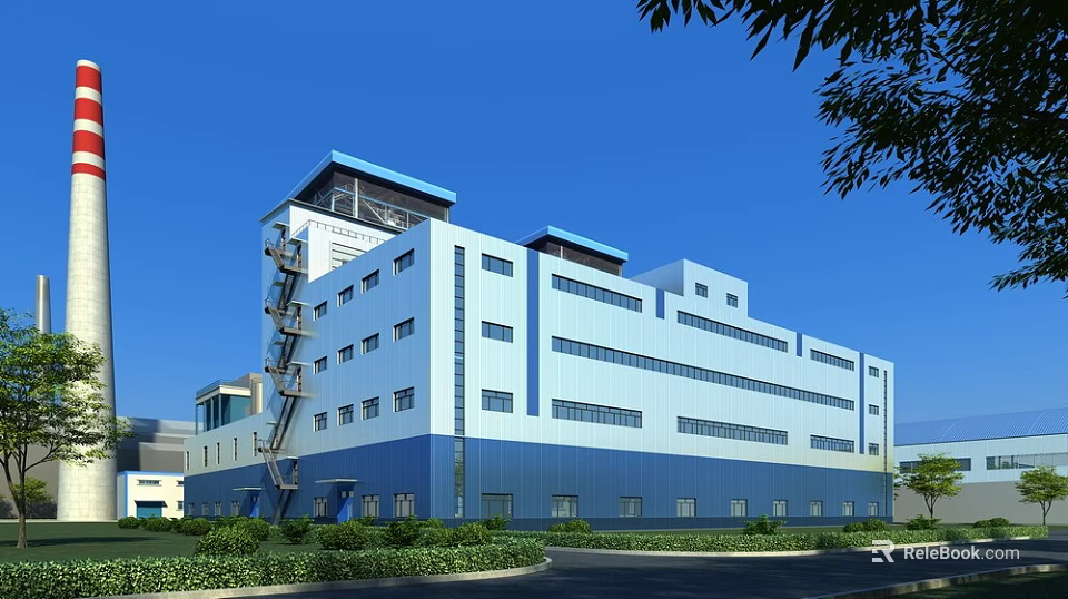 Modern Industrial Factory Building With Blue White Exterior Large Windows And Greenery 3d model 