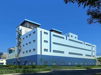 Modern Industrial Factory Building With Blue White Exterior Large Windows And Greenery 3d model
