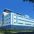 Modern Industrial Factory Building With Blue White Exterior Large Windows And Greenery