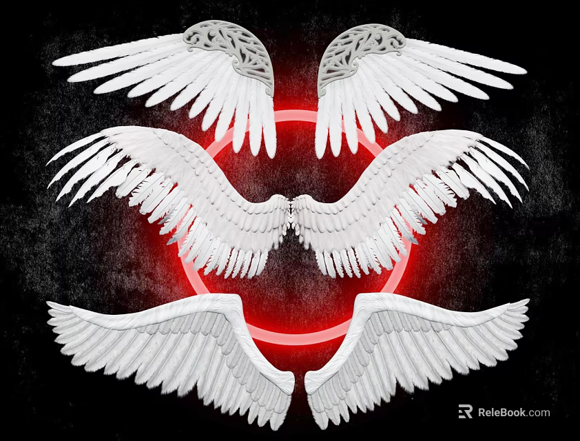 White Wing Wall Decor Set With Three Wings And Red Circle On Black Background 3d model 