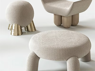 Modern Minimalist Light Beige Upholstered Sofa Stools With Golden Metal And Cylindrical Legs 3d model