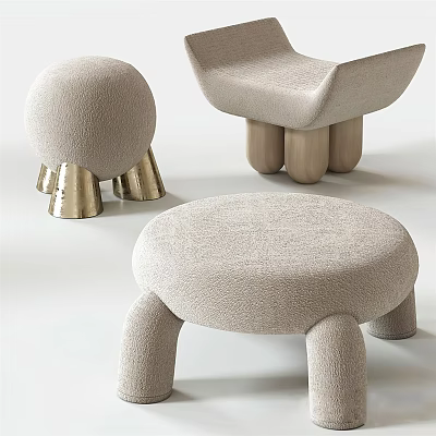 Modern Minimalist Light Beige Upholstered Sofa Stools With Golden Metal And Cylindrical Legs 3d model