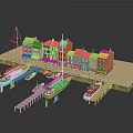 Cartoon Marina Scenery With Colorful Houses Moored Boats And Wooden Dock