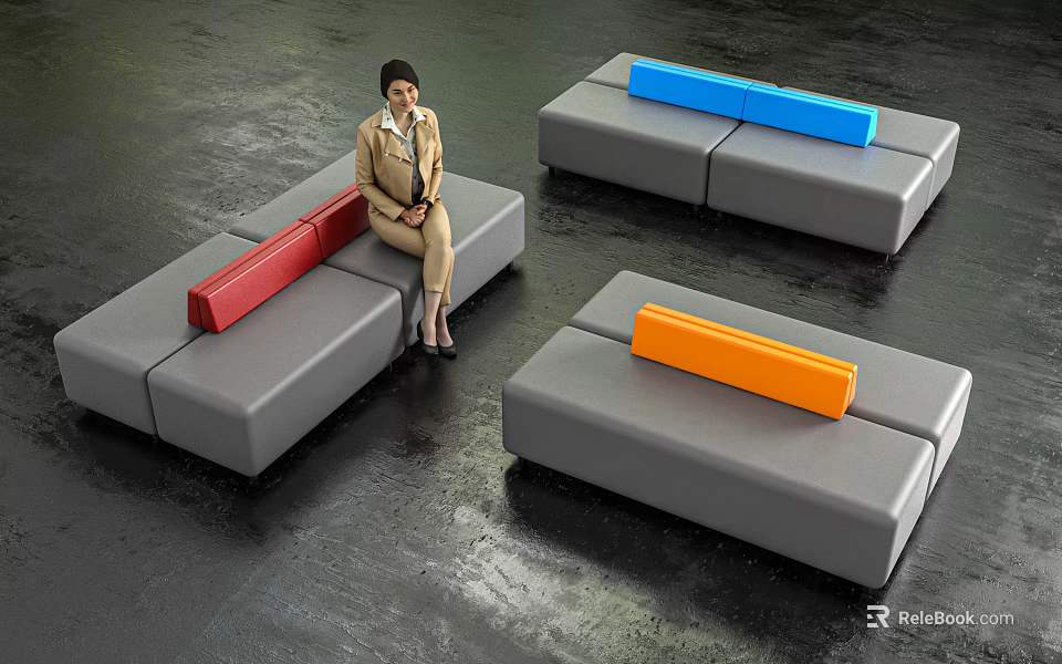 Modular Upholstered Leisure Chairs With Red Blue Orange Accents And Woman Sitting In Modern Space 3d model 
