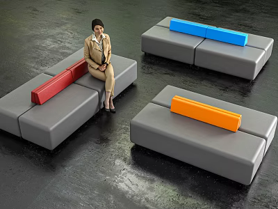 Modular Upholstered Leisure Chairs With Red Blue Orange Accents And Woman Sitting In Modern Space 3d model