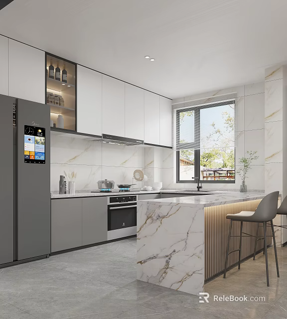 Modern Kitchen Interior Design With Marble Island White Cabinets Gray Refrigerator And Bar Stools 3d model 
