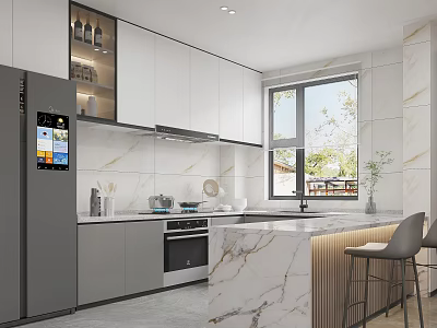 Modern Kitchen Interior Design With Marble Island White Cabinets Gray Refrigerator And Bar Stools 3d model