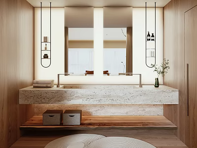 Modern Bathroom Interior With Wooden Walls Marble Countertop Double Mirrors And Hanging Lights 3d model
