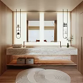 Modern Bathroom Interior With Wooden Walls Marble Countertop Double Mirrors And Hanging Lights