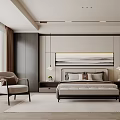 Modern Bedroom Interior Design With Comfortable Bed Wall Art Accent Chair And Soft Rug