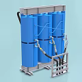 Industrial Equipment With Three Blue Cylindrical Containers And Black Connecting Pipes On Metal Frame