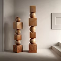 Sculptural Wooden Sculptures Stacked With Cubes And Spheres In Minimalist Interior