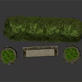 Stone Bench With Carved Details And Flower Pots In Garden Courtyard With Trimmed Bushes