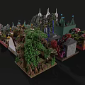 Vibrant Cartoon Scenery Featuring Various Buildings Rocket Spires Green Plants And Decorative Designs