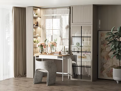 Modern Dressing Table By Window With Glass Cabinet Potted Plant And Floral Vases 3d model