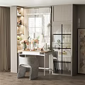 Modern Dressing Table By Window With Glass Cabinet Potted Plant And Floral Vases