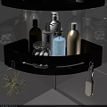 Black Bathroom Corner Shelf With Hollow Out Design And White Loofah