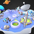 Futuristic Island Scene With Domed Structure Satellite Dish Alien Spaceships Robots And Ring Structures 3d model
