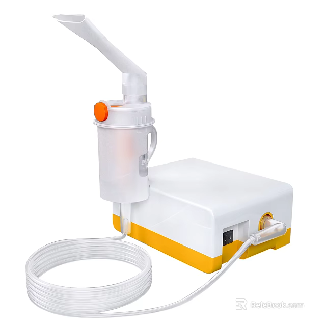 White and Yellow Medical Nebulizer Device with Transparent Cup Orange Knob and Tubing 3d model 