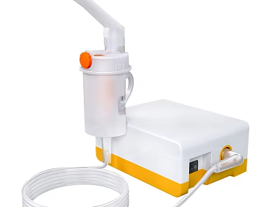 White and Yellow Medical Nebulizer Device with Transparent Cup Orange Knob and Tubing 3d model