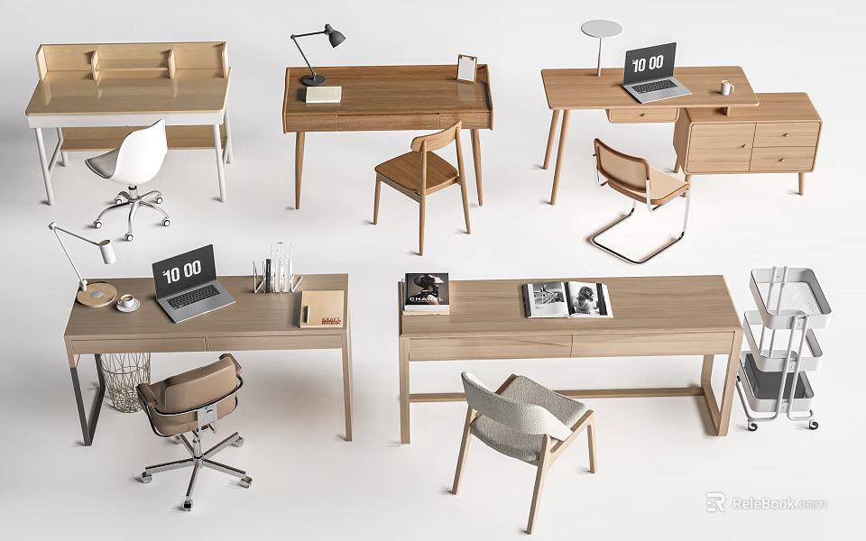 Modern Home Office Wooden Desks With Laptop Lamp Books Coffee Cup And Chairs 3d model 
