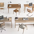 Modern Home Office Wooden Desks With Laptop Lamp Books Coffee Cup And Chairs