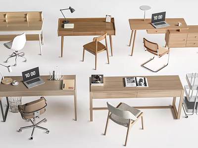 Modern Home Office Wooden Desks With Laptop Lamp Books Coffee Cup And Chairs 3d model