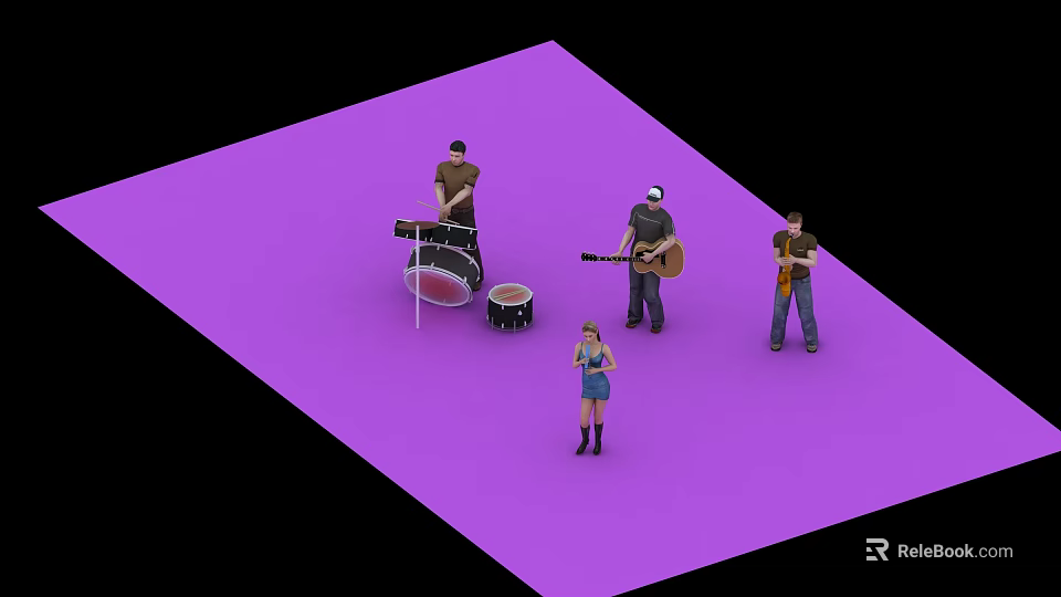 Group of People Performing Music with Drum Guitar Violin on Purple Platform 3d model 