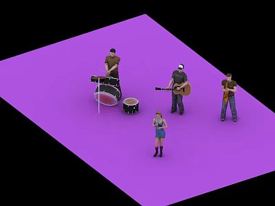 Group of People Performing Music with Drum Guitar Violin on Purple Platform 3d model