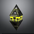 Futuristic Geometric Polyhedron Sculpture With Yellow Black Mechanical Silhouettes And Starry Patterns
