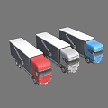 Three Colored Box Trucks In Red Gray And Blue For Cargo Transport