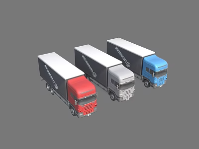 Three Colored Box Trucks In Red Gray And Blue For Cargo Transport 3d model