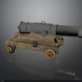 Vintage Metal Cannon with Wooden Carriage and Iron Wheels as Historical Weapon Piece