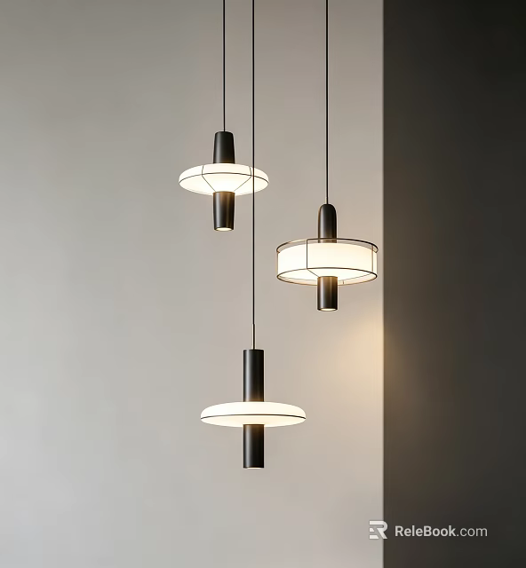 Modern Minimalist Pendant Lights With Black Metal Frames And White Shades Hanging In Interior Space 3d model 