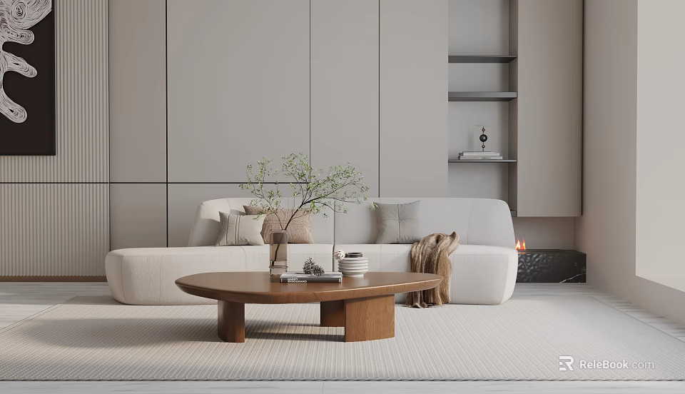 Modern Three Seater Sofa In Living Room With Wooden Coffee Table Decorative Plants And Pillows 3d model 