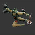 Muscular Man In Black Tank Top Red Shorts With Metal Buckets Spear Dynamic Kicking Pose