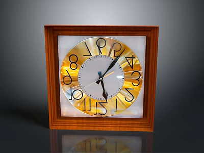 Square Wooden Frame Clock With Gold Dial White Background And Black Numbers 3d model