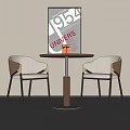 Two Modern Lounge Chairs With Round Black Table Orange Decor And 1951 Poster