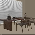 Modern Wooden Tea Table and Chairs with Teapot and Window Blinds Setup